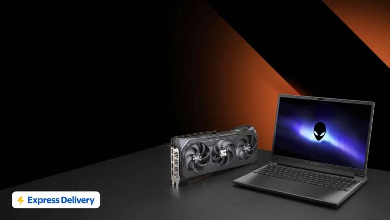 Express Delivery logo. Graphics card with fans next to a laptop with Alienware logo on screen.