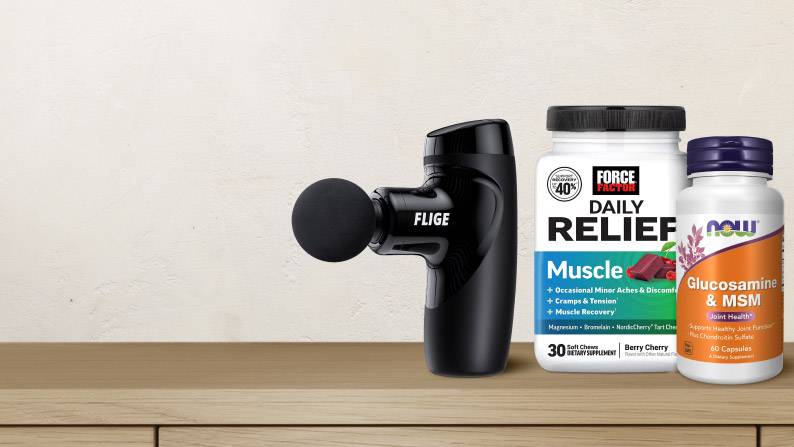 Flige’s portable massager is shown alongside pain relief supplements from Force Factor and NOW.