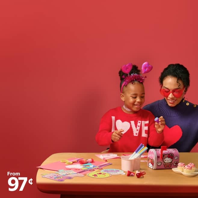 A child and woman sit at a table with arts and crafts. Text reads: from ninety-seven cents.