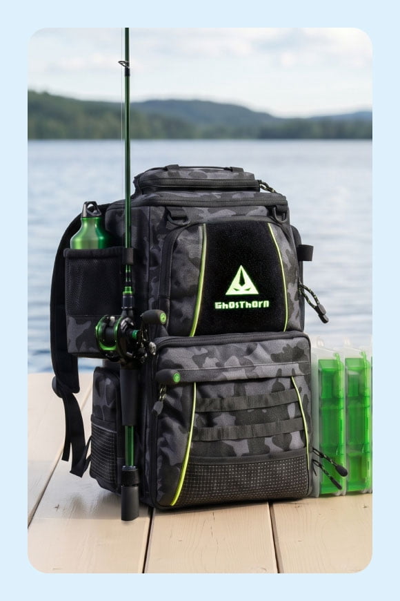 A fishing backpack sitting on a dock.