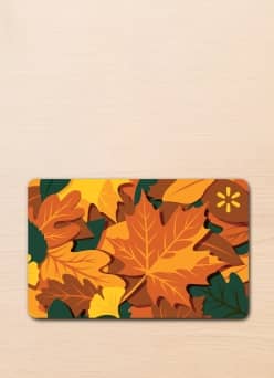 Rectangular card with bold autumn leaf and floral illustration in orange, yellow, brown and green.