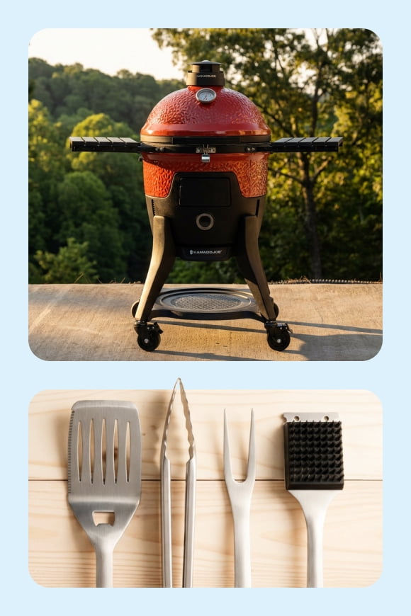 Barbeque utensils and a red barbeque.