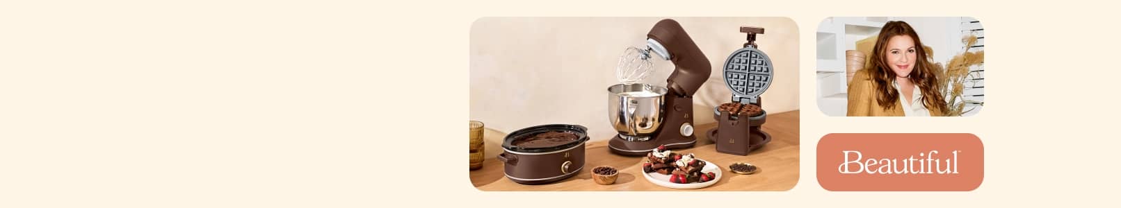 Beautiful brand chocolate colored stand mixer, waffle maker and cookware on a kitchen counter with a smiling adult and Beautiful text badge.