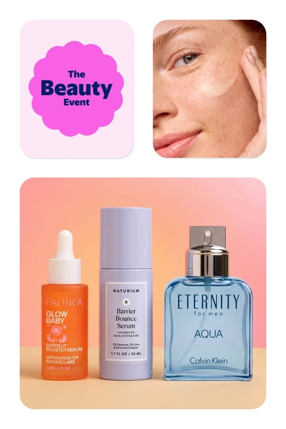 Walmart Beauty Event ad featuring skincare, fragrance, model, and text: "The Beauty Event starts 8/14–9/4. Get ready for epic savings."
