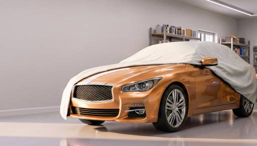 Copper car in a modern garage partially covered by a light gray protective cloth.