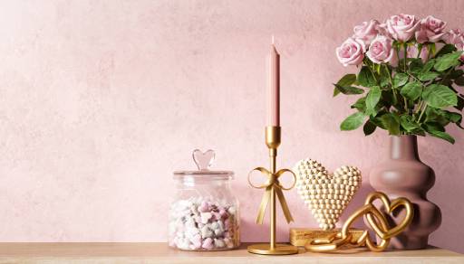 Jar with heart-shaped candy, gold candlestick with pink candle, heart ornament with pearl-like details, linked gold hearts and a vase with flowers.