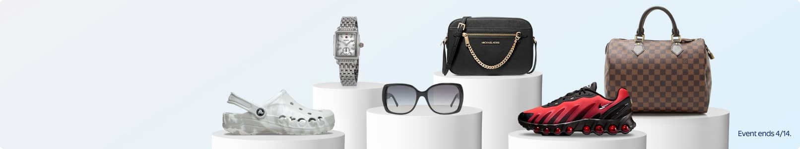 A Croc, a Michele watch, a pair of Burberry sunglasses, a Michael Kors bag, a Nike sneaker and a Louis Vuitton bag. Event ends April fourteenth.