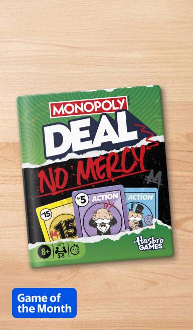 Image shows the front of a Monopoly Deal No Mercy packagefeaturing sample cards from the game. Text says Game of the Month.