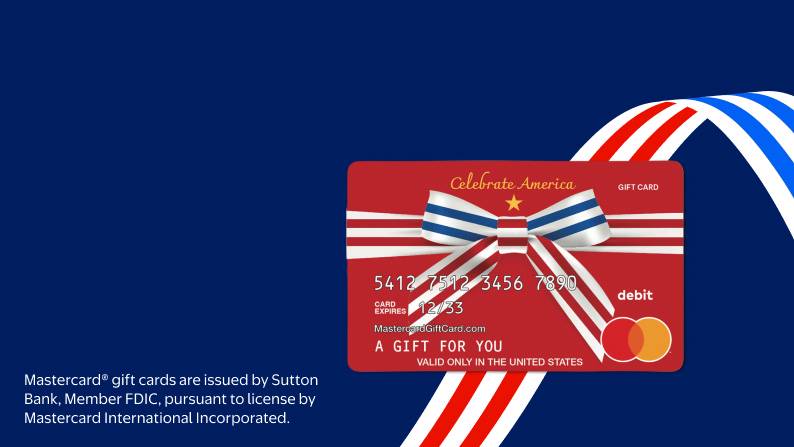 A gift card on a blue background.