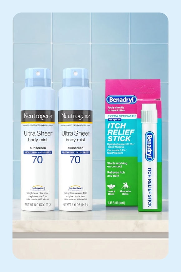 View spray-on sun protection and a Benadryl itch relief stick.