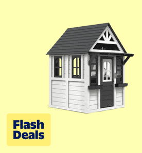 Image shows a gray COCLUB outdoor playhouse kitchen toy sink with a faucet and stovetop on a light yellow background.