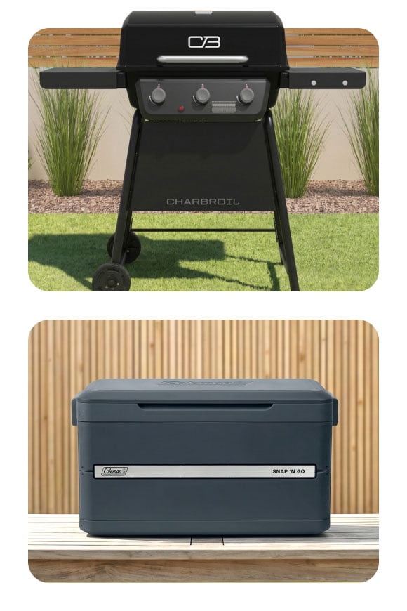 A barbeque and a modern cooler.