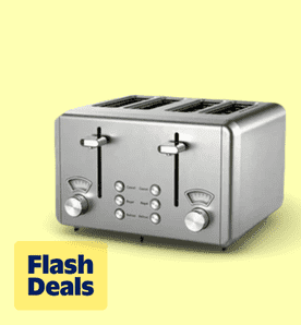 Flash deals. Image shows a silver Whall four-slice stainless steel toaster with dual control panels on a light yellow background.
