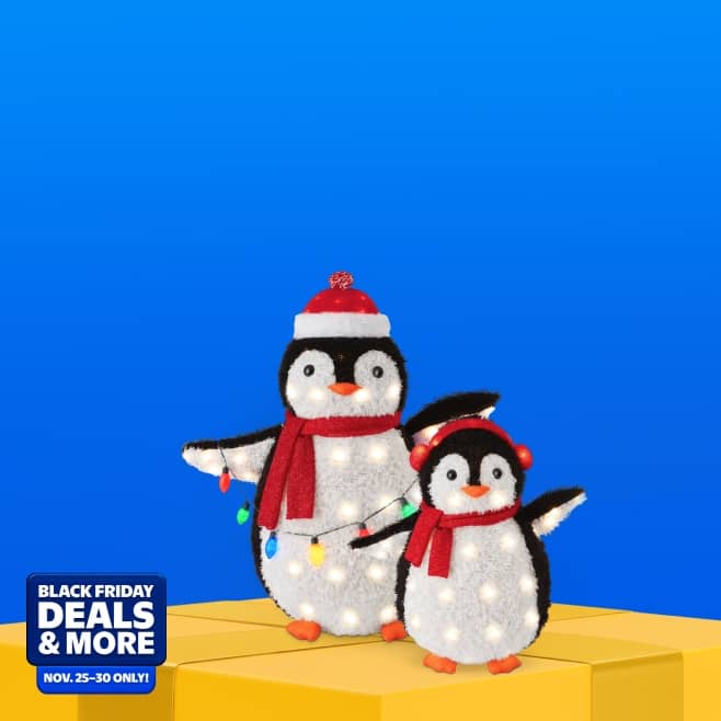 Black Friday Deals and more. Eleven twenty-five to thirty. Image shows two light-up penguins.