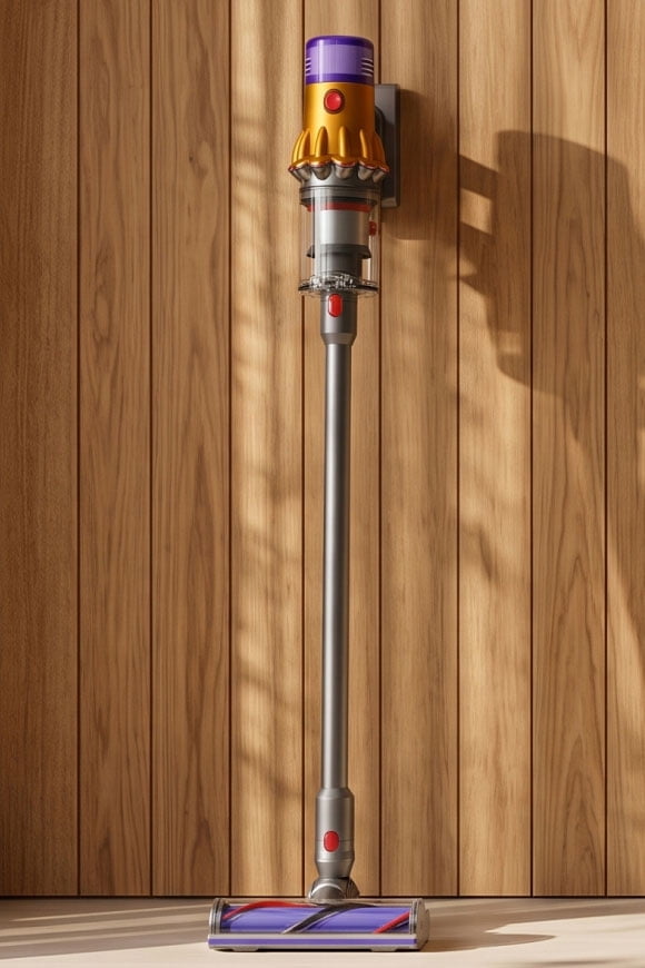 Cordless stick vacuum with purple and gold accents mounted upright on a wooden wall.