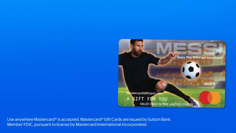 A gift card featuring a person kicking a soccer ball alongside the Mastercard logo and the word Messi.