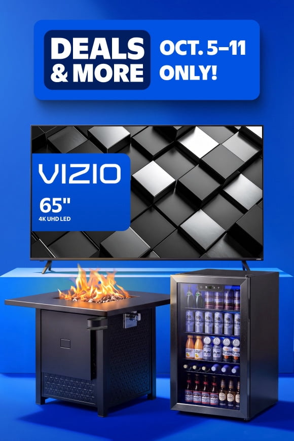 Deals and More badge reads: Oct. five through eleven only. Vizio sixty five inch 4K UHD LED TV with fire table and beverage fridge.