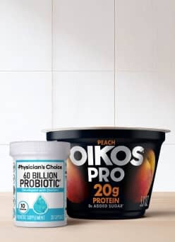 Oikos yogurt and a probiotic supplement.