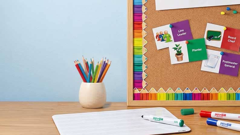 A bulletin board covered in paper patterned with colorful pencils.