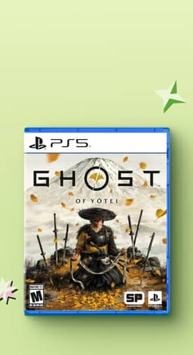 PS five Ghost of Yotei video game shown along with illustrated stars.