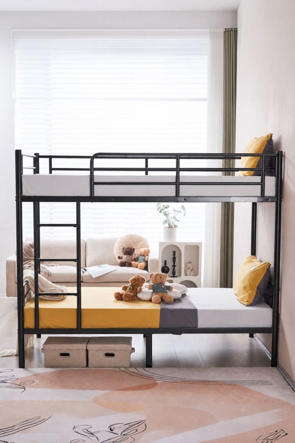 A sleek metal bunk bed.