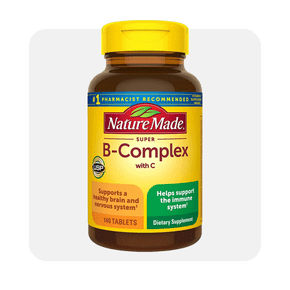 Image depicts a brown bottle with a yellow cap labeled Nature Made Super B Complex with vitamin C and folic acid supplements.