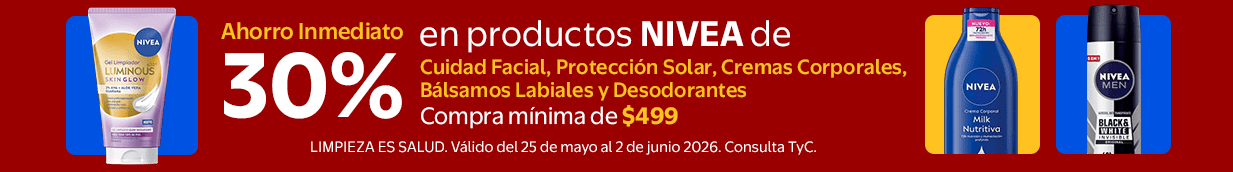 En la compra $499.00 de los Productos Participante 30% bonificación aplica para productos NIVEA de Cuidado Facial, Protección Solar, Cremas Corporales, Bálsamos Labiales y Desodorantes.