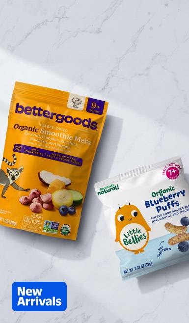 bettergoods organic smoothie melts and Little Bellies organic blueberry puffs.