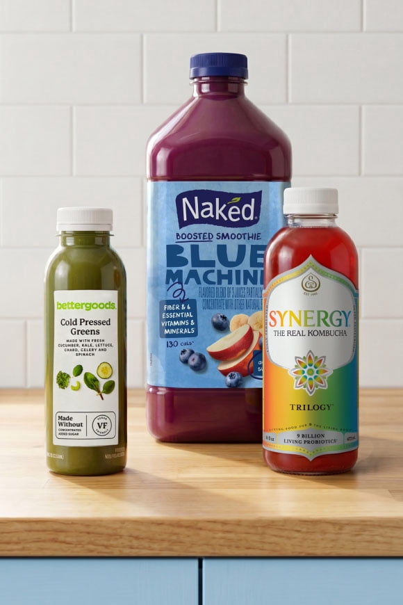 bettergoods cold-pressed greens juice, Naked blue machine boosted smoothie, and Synergy trilogy kombucha on a wood counter against a tile backsplash.