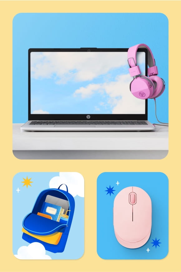 HP laptop and headphones shown with backpack, mouse and cloud illustrations. 