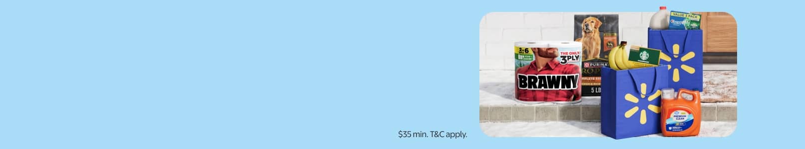 Thirty-five dollar minimum. T and C apply. Walmart Plus shopping bags containing various items, plus additional products sitting on front doorstep.