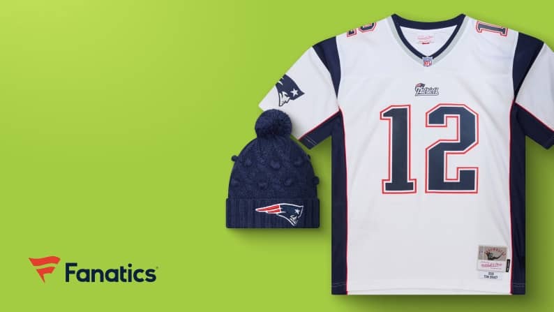 View an NFL jersey, a shirt, a hat and the Fanatics logo.