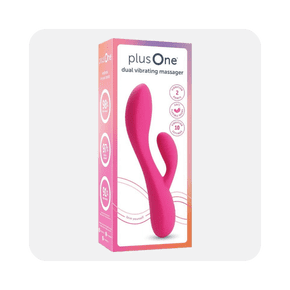 Image shows the packaging of a pink plusOne dual rabbit vibrator made of high-quality silicone against a light gray background.