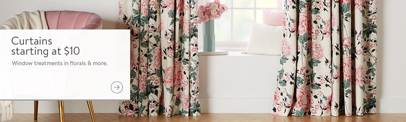 Linen Textured Curtains Rustic Jacobean Floral Printed Light Filtering 2 Panels