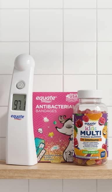 Equate thermometer, bandages, and gummy multivitamins.