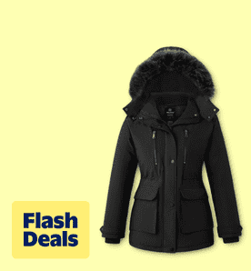 Image shows a black Wantdo women's long quilted winter coat with a removable hood on a yellow background.