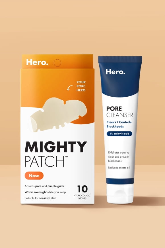 Hero Cosmetics Mighty Patch Nose and Pore Cleanser with text: "New from Hero Cosmetics. Just-dropped cleansers & patches.