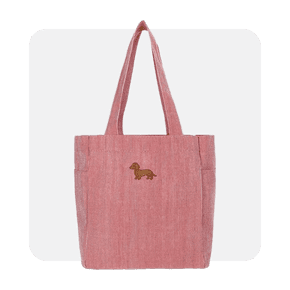 Image shows a red striped No Boundaries women's tote bag with a dog logo, against a white background.