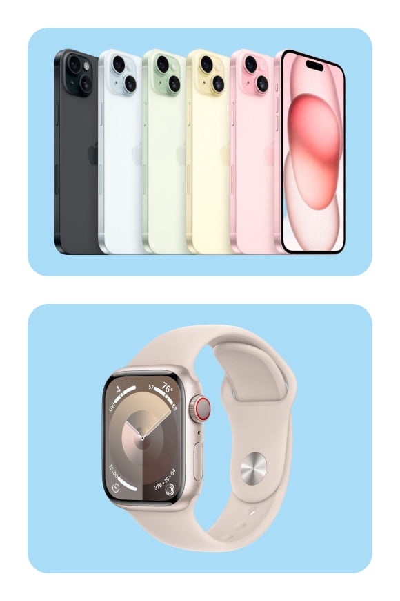 Five pastel smartphones and a beige smartwatch with rectangular face and digital display.