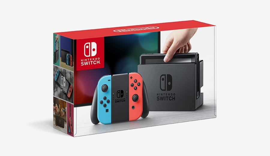 The Nintendo Switch with Neon Blue and Neon Red Joy-Con box.