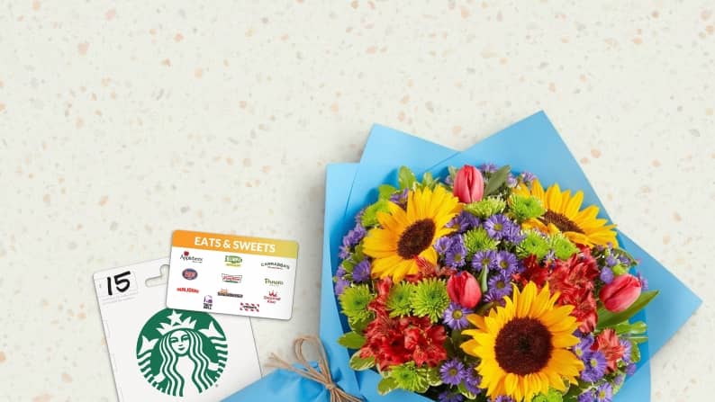 Gift cards and a bouquet. Text reads: from five dollars and ninety-two cents.