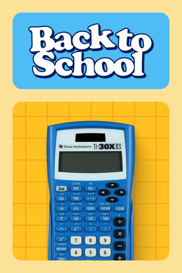 A blue calculator on a yellow background.