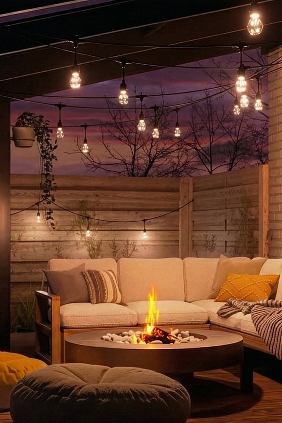 Outdoor patio at night featuring sectional sofa, firepit and lit string lights.