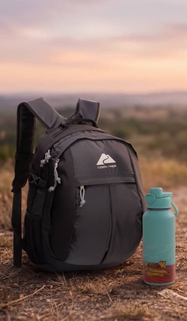 A black backpack and a blue and red water bottle on a hiking trail.