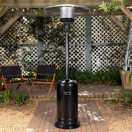 A propane patio heater with a black base. Links to the best propane patio heaters on Walmart.com.