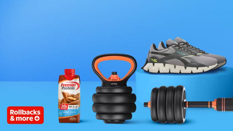 Rollbacks and more. Featuring Reebok sneakers, a Premier protein drink, a smart watch, and weights.