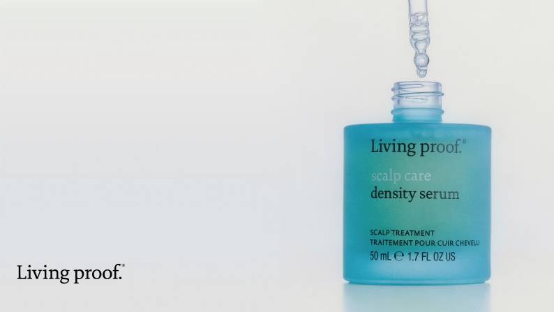 A light gray banner featuring a Living Proof hair scalp serum product with text: Award-winning haircare. Living Proof is here! Shop now.