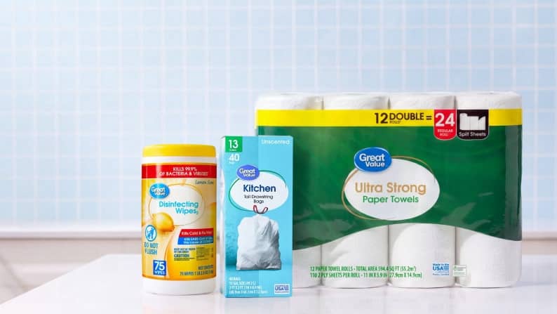 Great Value disinfecting wipes, kitchen trash bags and ultra strong paper towels pack with twelve double rolls and twenty four soft sheets.