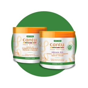 Jars of Cantu leave-in conditioner are displayed.