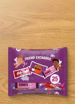 A variety bag of Friend Exchange chocolates is shown.